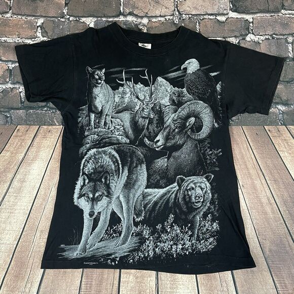 Vintage 90s Wolf Bear Deer Eagle Nature T-Shirt Men’s Large AOP All Over Print - Picture 1 of 9
